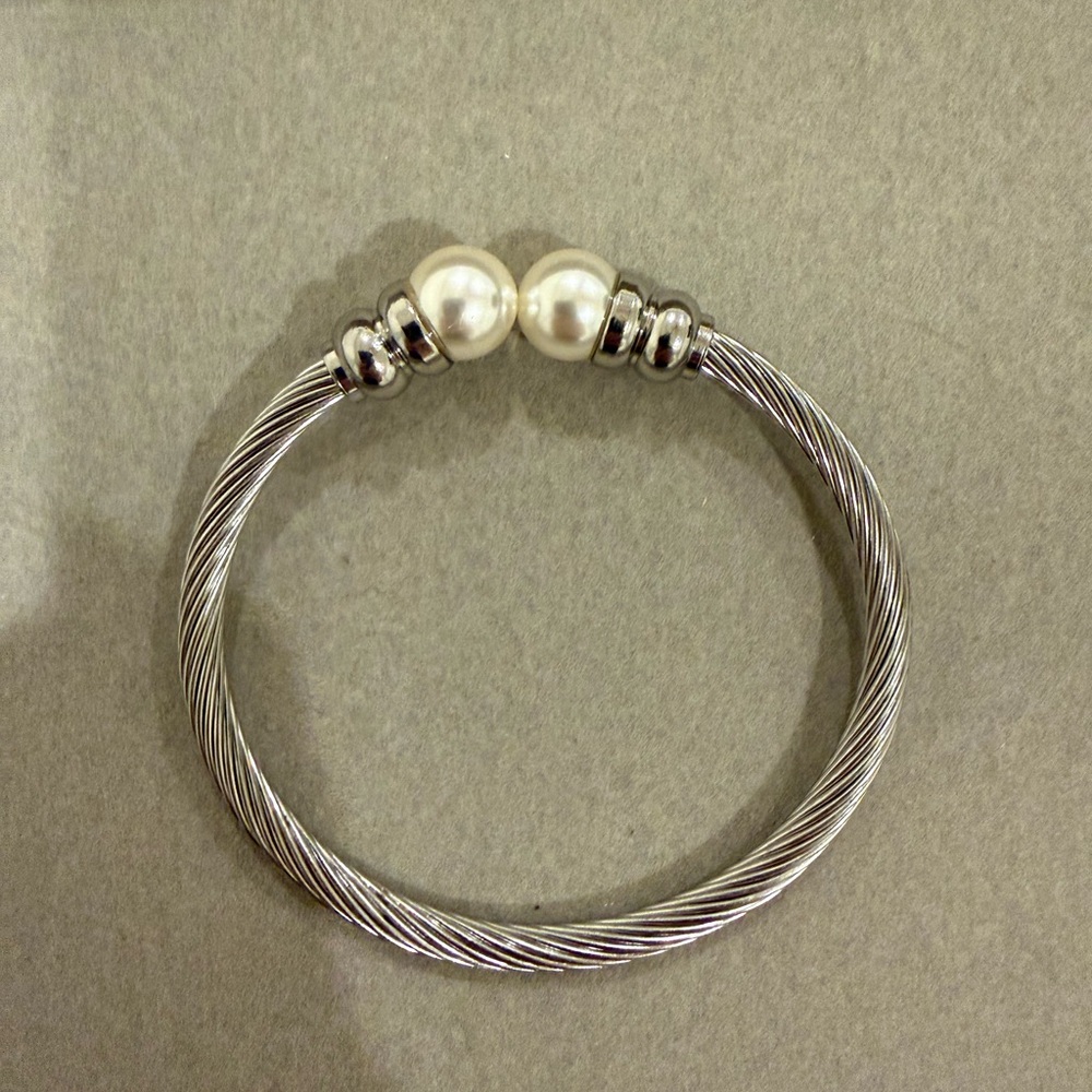 Cable Bangle with Pearl End Caps